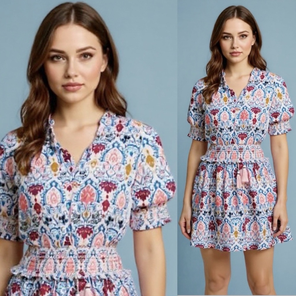 Anthro Roller Rabbit Ikat Paisley Fiorella Blue Pink Puff Sleeve Dress Size XS